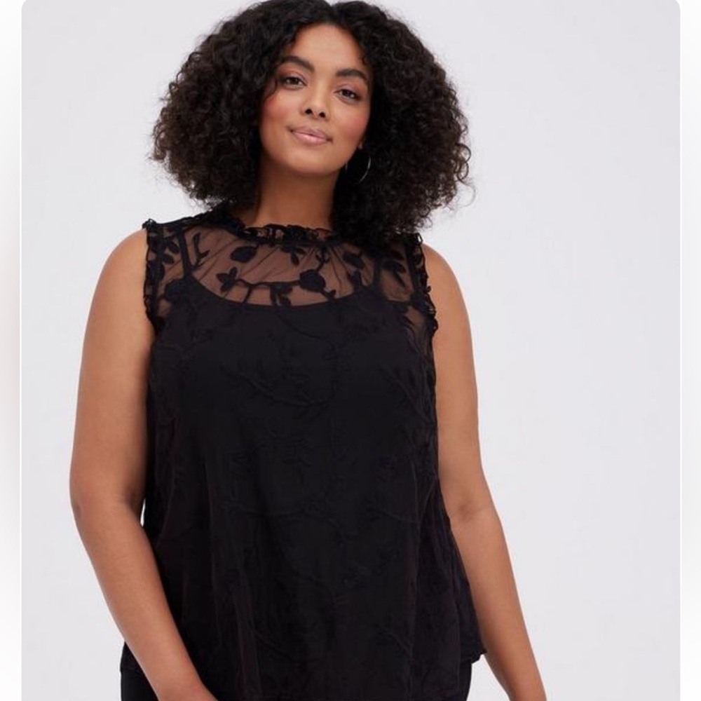 Torrid Black Embroidered Mesh Mock Neck Top